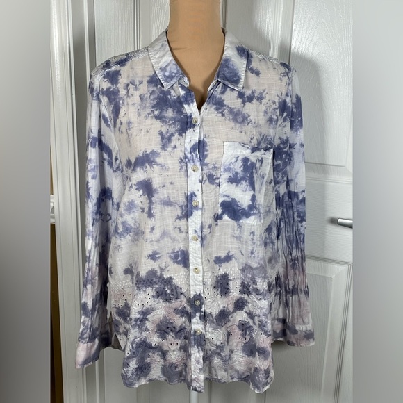 Pilcro Anthropologie The Cate Tie Dye Embroidered Button Down Shirt Size LP - Picture 7 of 12